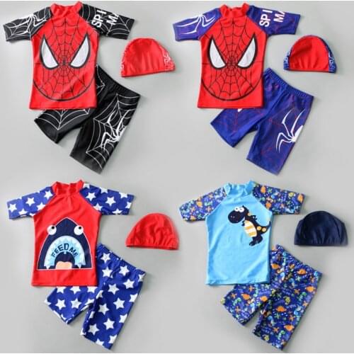 New Children Swimwear 3pcs Swimsuit Boys Kids Swimming Hat Short Sleeve bathSuit Swim Beach Wear