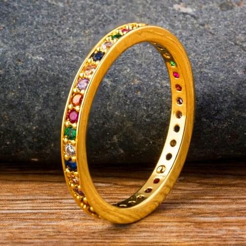 Custom Personality Jewelry Colorful CZ Rainbow Ring Simple Round Copper Female Rings For Women Accessories Girlfriend Best Gift