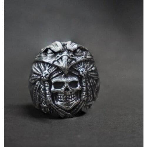 Vintage Mens Indian Eagle Warrior Skull Ring Gothic Punk Silver Color Stainless Steel Ring Retro Mens Ethnic Amulet Jewelry