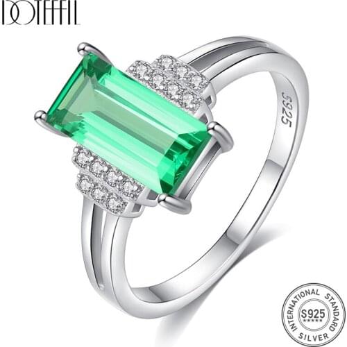 DOTEFFIL Real 925 Sterling Silver Luxury Emerald Wedding Rings for Women Trendy Geometric Tourmaline Female Rings Fine Jewellery