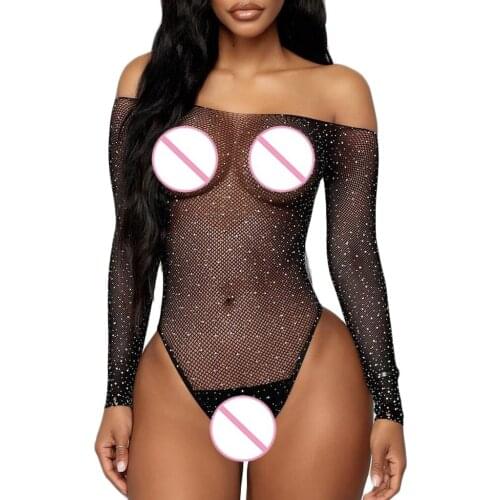 Underwear Set Sexy Underwear 2021 New Women Black Lace Fishnet Lingerie Bodysuit Off-Shouder Jumpsuit Babydoll Sleepwear
