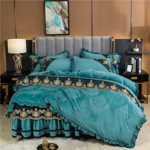 Luxury Warm Winter Thick Double-Sided Fleece Princess Bedding Set Twin King Queen Size Lace Duvet Cover Set Bedspread Bed Skirt