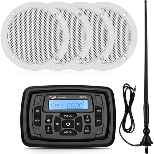 Marine Boat Radio Audio Stereo Bluetooth Receiver Car MP3 Player+2Pair 4inch Waterproof Speaker+FM Antenna For ATV RV Boat Yacht