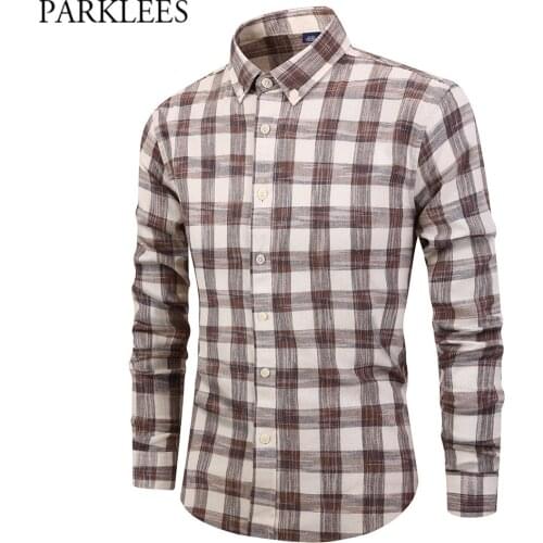 Mens Brown White Plaid Shirt Men 2019 Trend Spring Long Sleeve Checkered Men Dress Shirts Harajuku Slim Fit Blouse Chemise Homme