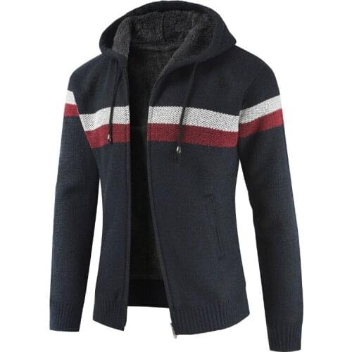 Men Winter Jacket Hooded Stripe Patchwork Slim Coat Mens Casual Plus Velvet Thicken Warm Knitting Outerwear Male Clothes