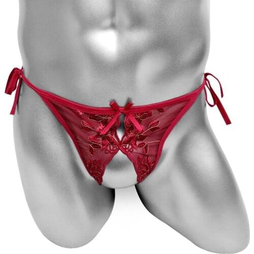 Lace-Up Mens Thong Underwear with Embroidery Floral Sissy Mesh Panties Crotchless Sexy Male Gay Lingerie See Through Underpants