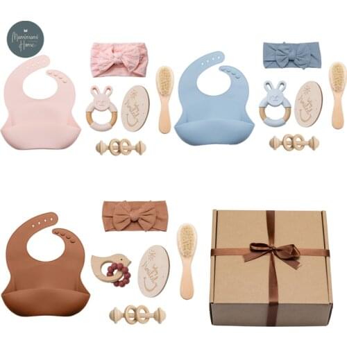 2021 New Baby Nursing Set Safe Silicone Bib Rattle Bracelet Baby Milestones Headband Newborn Care Products Photography Pops Gift