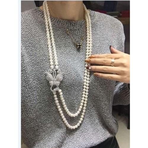 NEW double strands 8-9mm round south sea white pearl necklace 30-34inch