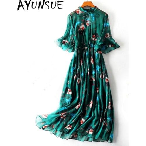 AYUNSUE 100% Silk Dress Woman High Quality Floral Printed Dresses Ladies Vintage Green Dress Famale Vestido De Mujer 2021 SQQ29