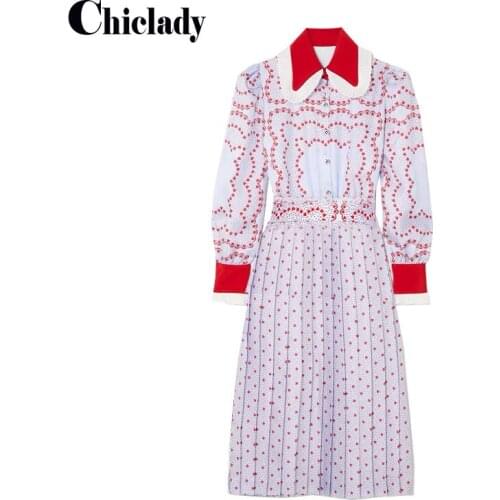 CHICLADY designer stylish polka dot print patchwork midi dress Peter Pan Collar full sleeve vintage French retro pleated dresses