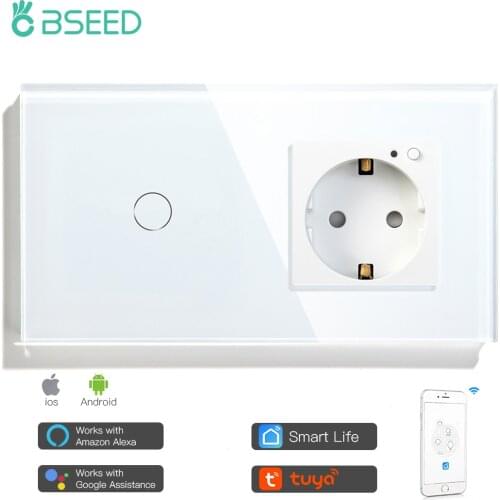 BSEED Smart Touch Light Switch 1 Gang With EU Wall Socket White Black Gold Wall Sensor Switch Crystal Glass Panel Work With Tuya