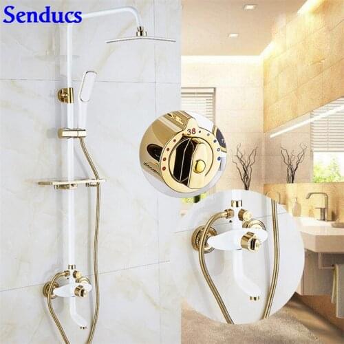 Senducs Intelligent Thermostatic Bathroom Shower Set Quality Brass Bathroom Shower Faucet Newly Design White Gold Shower Set
