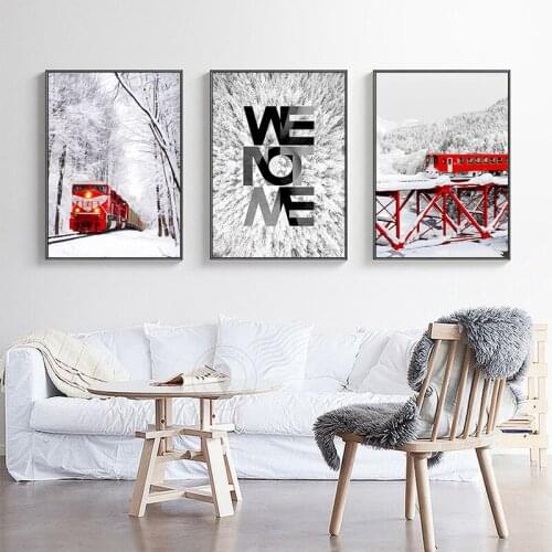 Modern White Snow Red Train Shuttles In The Woods Art Wall Canvas Painting Study Room Office Foyer Mural Cafe Decor Print Poster