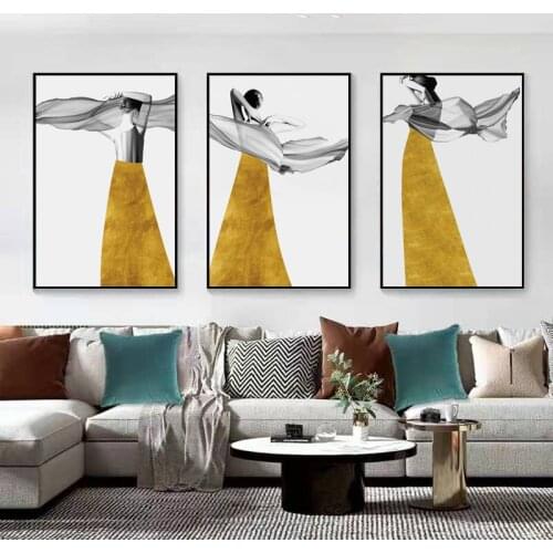 Modern Fashion Poster for Bedroom Abstract Woman Figure Painting Prints On Canvas Yellow Girl Room Decoration Frameless