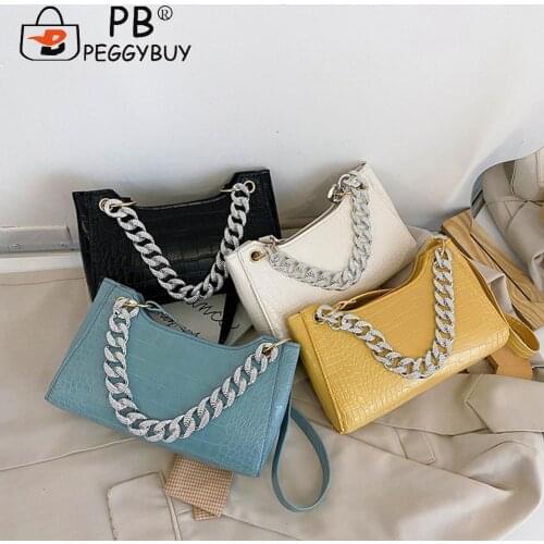 Luxury Hand Bag Chain Design Female Travel Retro Alligator Pattern PU Shoulder Underarm Bag Women Rhinestone Chain Handbags
