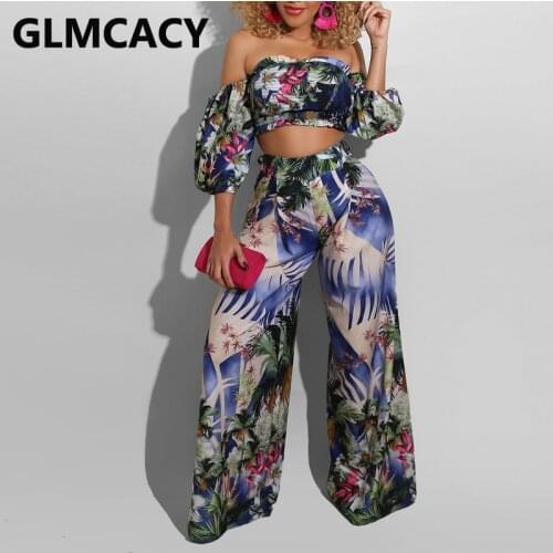 Women Two Piece Floral Suits Tube Top & Wide Leg Pants Set