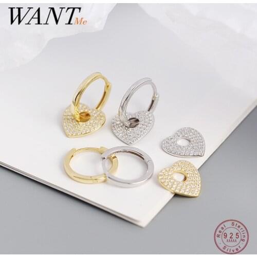 WANTME 925 Sterling Silver Punk Rock Love Heart Huggies Pendant Earrings Women Bohemian Luxury Zircon Gothic French Jewelry
