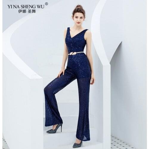 Evening Sleeveless Sexy Jumpsuits For Women Sequined V-neck Party Clothing Slim Backless Rear zipper Length Party Jumpsuits New