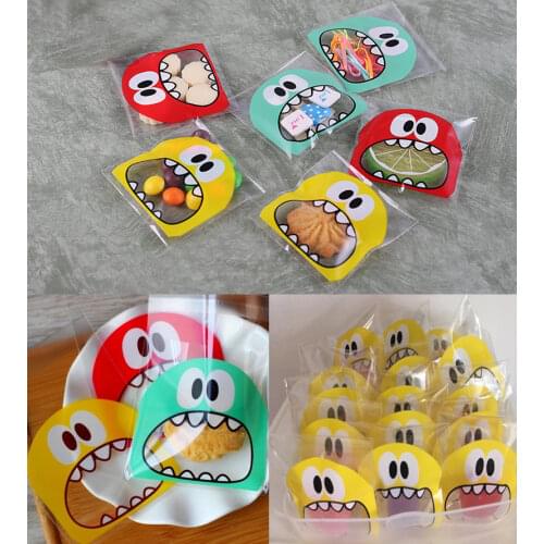 100pcs 7X7CM 3 Colors Cute Cartoon Monster Cookie&Candy Bag Self-Adhesive Plastic Bags For Biscuits Snack Baking Package Supply