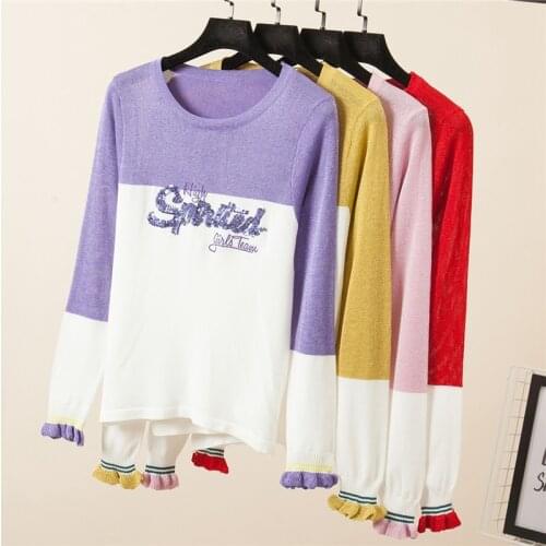 2018 New Autumn Women Shirts Knitting Full Sleeve Slim Bright Silk Sweater Blouse Shirt Pink Purple Red Yellow
