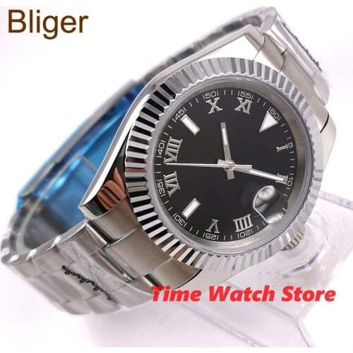 Bliger 40mm Miyota 8215 Automatic watch men silver waterproof date indicator black strile dial sapphire glass steel Bezel b321O