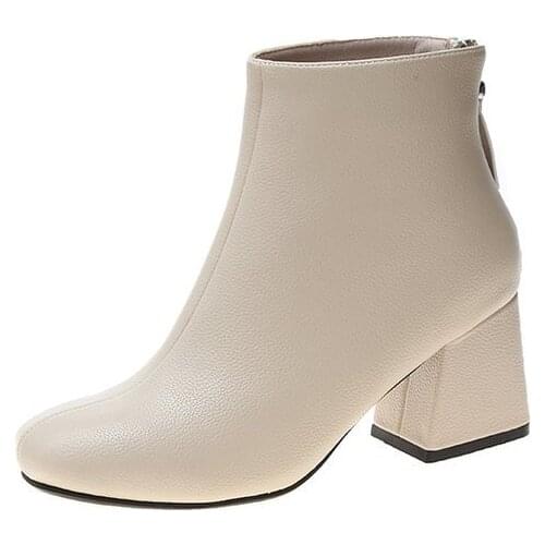 New Fashion Leather Ankle Boots Women Thick High Heels Zipper Pointed Toe Autumn Winter Woman Shoes Square Heel White Black 2020