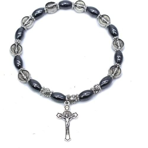 MJT Religious Christian Orthodox Iconic Alloy Black Beaded Cross Bracelets catenary Elastic Adjustable Bracelets Parying Jewelry