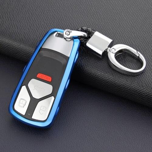 For New Audi Q5 A4 B9 A5 Q7 TT S4 S5 SQ5 Accessories Smart Car Key Fob Chain Ring Cover Soft Case Holder Protector Blue