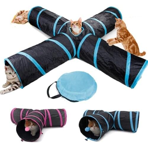 Dropshipping Pet Cat Tunnel Toys for Cat Kitten 4 Holes Collapsible Crinkle Cat Playing Tunnel Toy