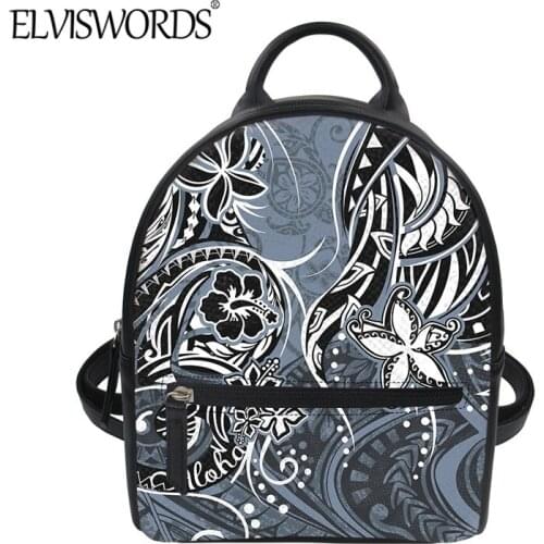 ELVISWORDS Fashion Gray Mini PU Backpack Womens Casual Shoulder Bag Polynesian Tribal Pattern Durable Leather Sack Mochila