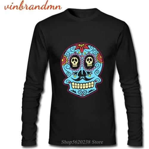Hot Personalized Print Skull T Shirts Day of the Dead Flower Skull 100% Cotton Fabric Long Sleeve T-shirts Mens Novelty T-shirts