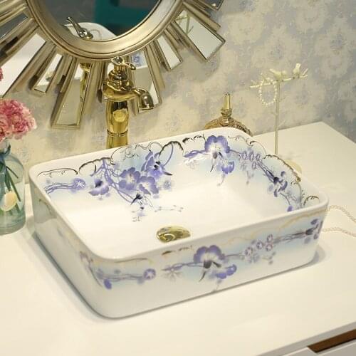 Rectangular Shape Ceramic Painting Art Lavabo Bathroom Vessel Sinks counter top blue and white ceramic wash basin bathroom sink