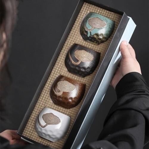 Ceramic Tea Cup Set Waterware Rectangle Gift Box Packed Japanese Creative Bonsai Lotus Relief Retro Stoneware Kiln Drinkware