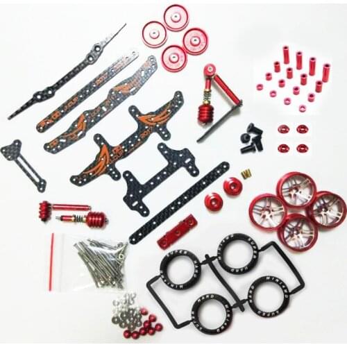 1Set Homemade Upgrade Parts Set for 1/32 Scale Tamiya Mini 4WD Car Model 2017 Carbon Fiber FRP+ Large Dia. Tire+ Aluminum Wheels
