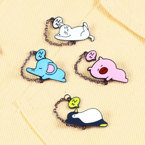Metal Chain Series Enamel Pin Cartoon Animals Brooch Denim Shirts Lapel Pins Cute Cat Pig Elephant Penguins Badges Jewelry Gifts