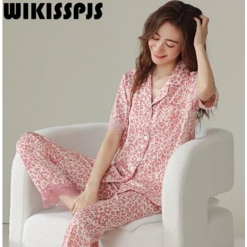 WIKISSPJS 2021 New Spring Summer Autumn Two Piece Set Pink Pajamas for Women Pajamas for Teen Girls Lounge Wear Pajama Set