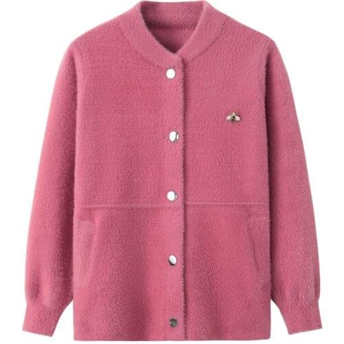 Faux Mink Cashmere Coat Middle aged Female Knit Cardigan Jacket Autumn Winter Long sleeves Sweaters Women Plus size Thick 3223