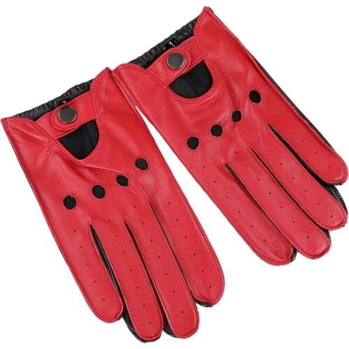 Spring Fall Mens Genuine Leather Gloves Driving Unlined Sheepskin Gloves Fitness Gloves Breathable With Holes Patchwork Colors