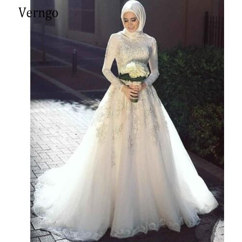 Verngo Muslim Arabic Satin And Lace Long Sleeves Wedding Dress High Neck A Line Bride Gowns Vintage Sweep Train Robe de mariage