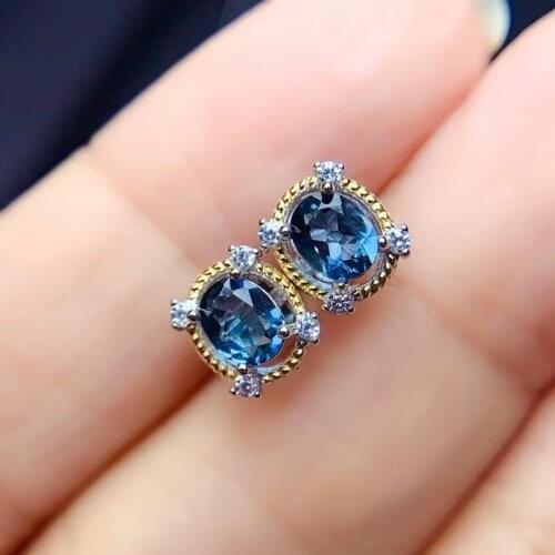 Clear blue gemstone stud earrings for women earrings 925 sterling silver earrings natural blue topaz gem girl birthday gift