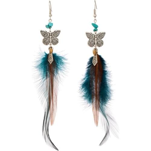 2020 Trendy Temperament Alloy Butterfly Dangle Earrings New Long Blue Feather Natural Stones Pendientes Fashion Earrings Jewelry
