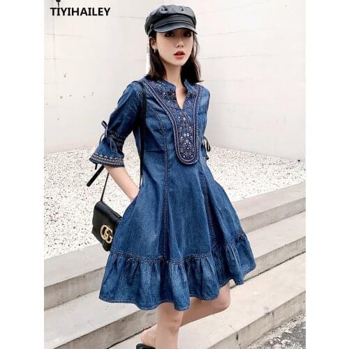 TIYIHAILEY 2020 Free Shipping Denim Dresses Women M-XL Vintage Dress A-line Embroidery Knee Length Spaghetti Strap Sleeveless