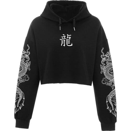 Crop Top Hoodie Black Hoodie Women Pullover Sweatshirt Dragon Letter Print Streetwear Harajaku Spring and Autumn Long Sleeve