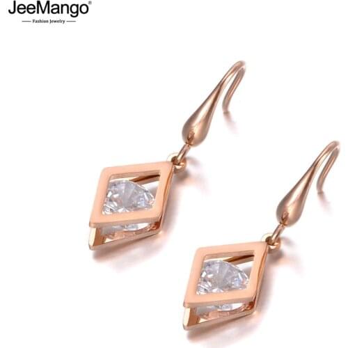 JeeMango Office Style CZ Crystal Geometric Titanium Stainless Steel Earrings Rose Gold Handmade Ear Jewelry For Women JE19151