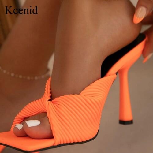 Kcenid T-Stage Runway Shoes For Women 2021 Square Peep Toe High Heels Slippers Women Dress Party Pumps Orange Apricot Blue Pink