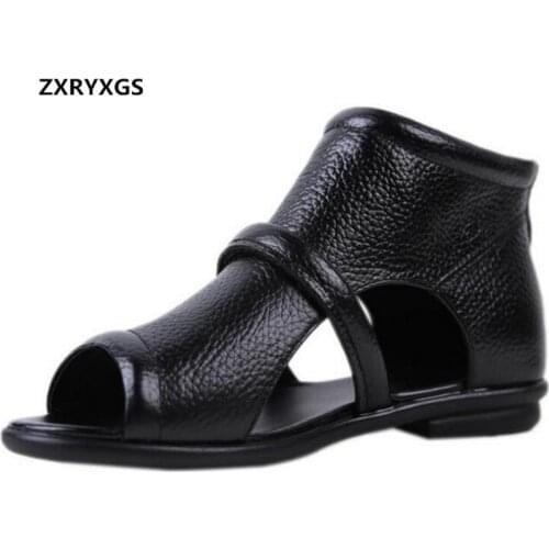 Hot 2021 New Fish Mouth Summer Cowhide Leather Sandals Flat Shoes Women Sandals Comfortable Soft Women Shoes Sandals Casual shoe