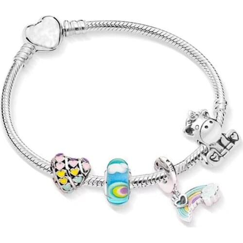 100% 925 Sterling Silver Fashion Rainbow Pendant And Unicorn Beaded Pan Bracelet For Women Wedding Party Fashion Jewelry
