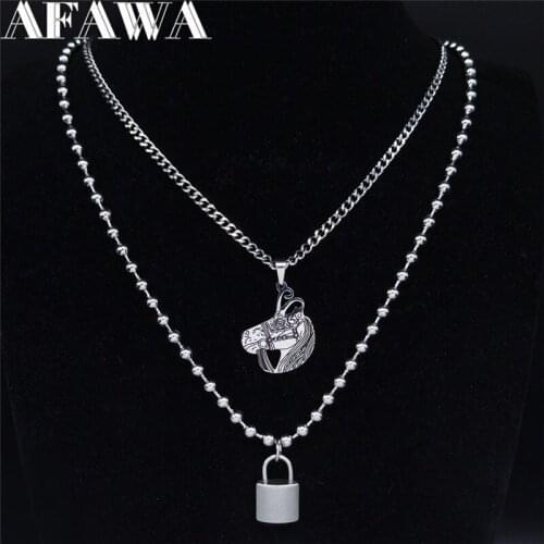 AFAWA 2pcs 2021 Stainless Steel Layered Chain Necklace Women Silver Color Horse Necklace Jewelry collier femme N3754S01