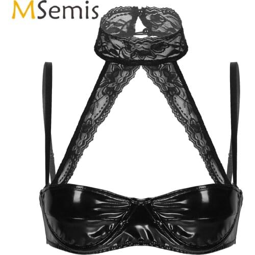 Womens Lingerie Underwired Bras Lace Lingerie Brassiere Adjustable Spaghetti Strap Clubwear Halter Neck Patent Leather Bra Tops