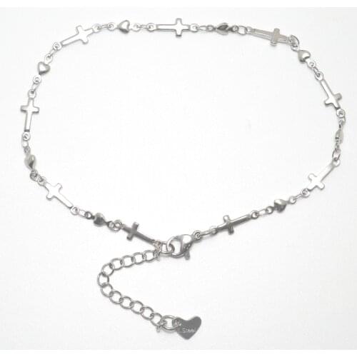 304 Stainless Steel Cross Charm Anklet Silver Color Anklet Bracelet Cross Heart For Women Beach barefoot chain 22.8cm long 1PCs
